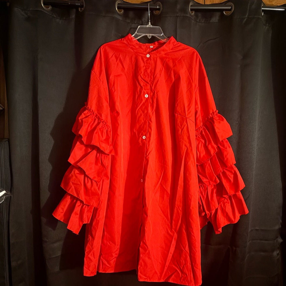 Red Ruffled Sleeve Button-Up Dress